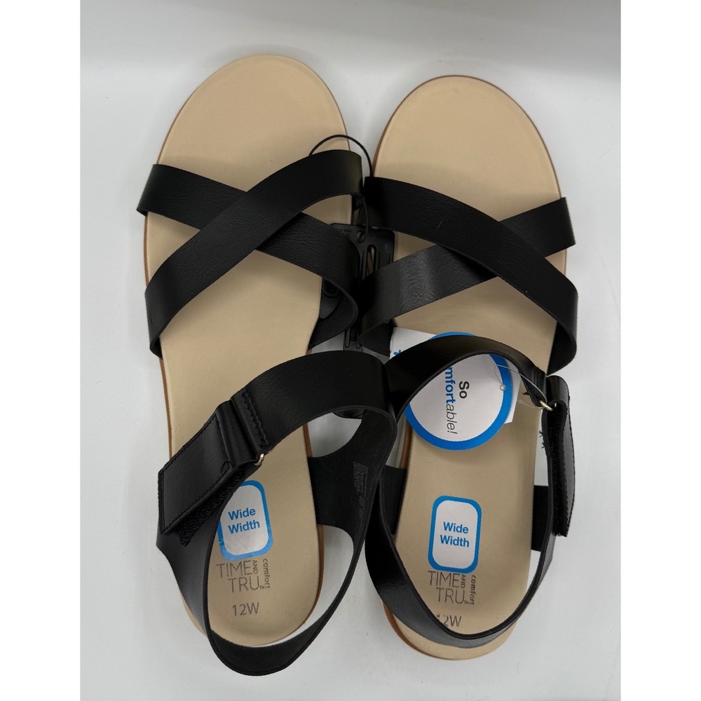 NWT Time and Tru Comfort Women Size 12W Black Strappy Open Toe Gladiator Sandals